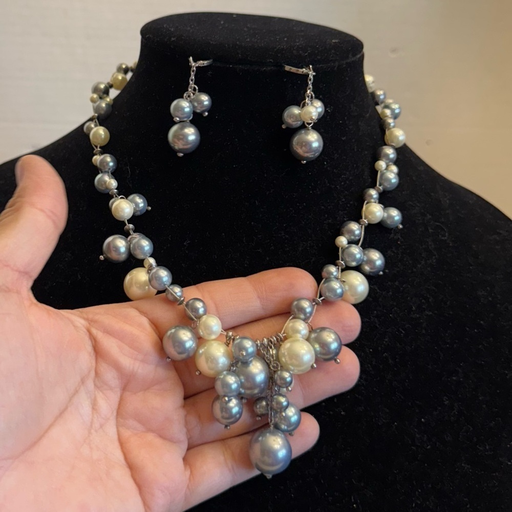 LUC Lucas Lameth 925 Sterling Silver Jewelry SET Pearls Necklace Earrings Gray